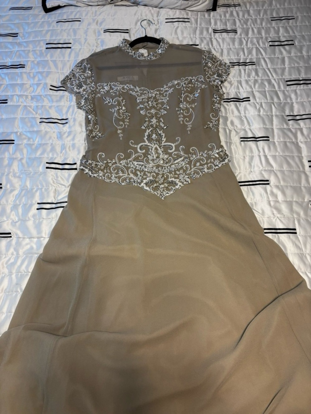 J Kara Taupe Evening Gown with White Beaded Applique